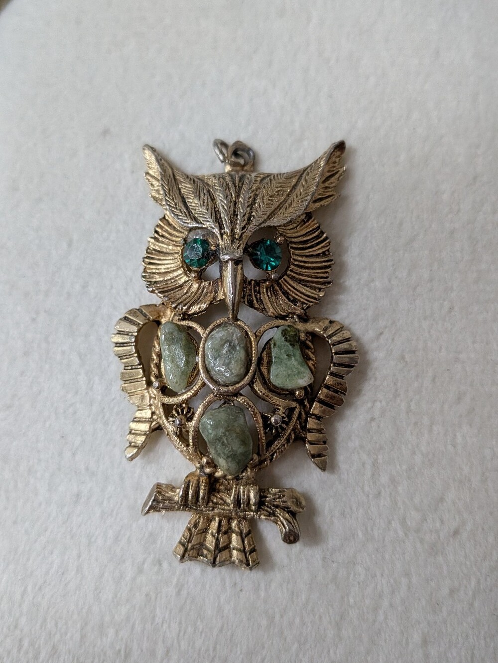 Vintage Gold Tone Owl Pendant with Green Rhinestone Eyes & Aventurine Stones - Picture 3 of 5